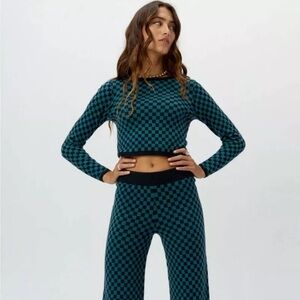 Daydreamer Crop Sweater Womens XL Cozy Fit Teal Black Checkered Skater Punk Y2K